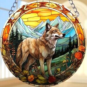 Colorful stained glass‎ wolf window sun catcher art decor